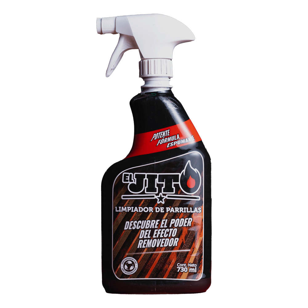 Una botella de plástico negro con atomizador de El Jito Limpador de Parrillas. Cuenta con una potente fórmula en espuma y contiene 750 ml. El texto en la etiqueta dice: "Descubre el poder del efecto removedor", que se traduce como "Descubre el poder del efecto removedor".