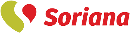 La imagen muestra el logo de Soriana en su página de inicio. Presenta una forma de corazón rojo junto al nombre "Soriana" en letras rojas en negrita. A la izquierda del corazón, hay una forma de media luna verde. El fondo es blanco.