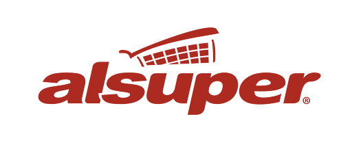 La imagen muestra el logo de "alsuper" como se ve en su página de inicio, con el nombre de la marca en letras minúsculas rojas. Encima del texto hay un carrito de compras rojo estilizado.